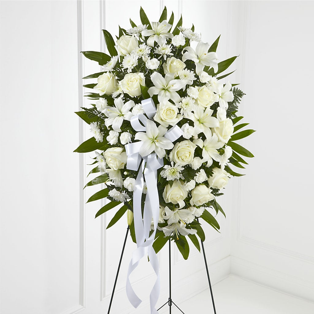 Exquisite Tribute Standing Spray-White Ribbon – Visalia Flower Shop, Visalia CA
